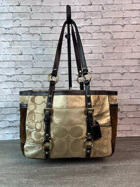 COACH Brown & Gold Patchwork Shopper Tote Bag Purse FO6Q-10388 Y2K Vintage